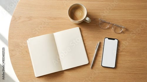 Top-down flat-lay of laptop, open notebook, and coffee cup on a neutral desk, softly lit with diffused daylight, clean minimal layout, conveying professionalism, focus and inviting workspace.