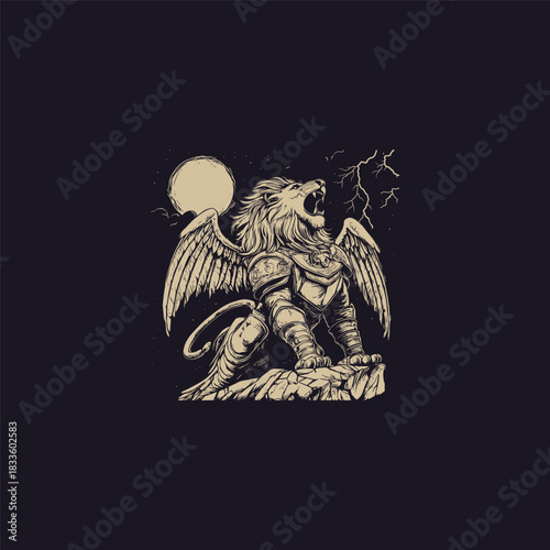 A majestic, mythical winged lion wearing detailed medieval knight armor is perched powerfully on a jagged rock formation