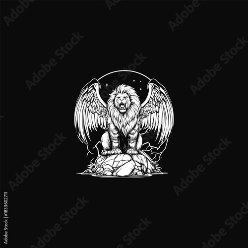 A fierce, mythical winged lion is centrally composed, sitting powerfully on a cracked rock formation