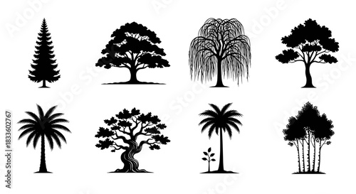 Collection of Diverse Tree Silhouettes Isolated on White Background.