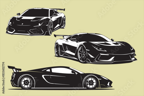Stylized black sports car illustrations depicting speed power and automotive design