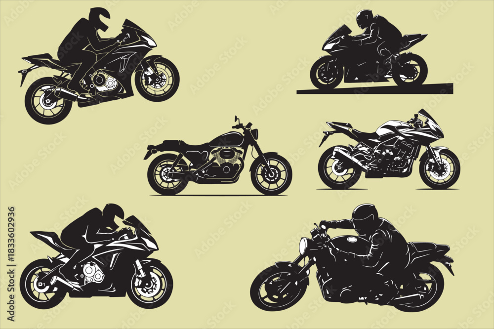 Naklejka premium Collection of diverse motorcycle silhouettes against a muted yellow backdrop