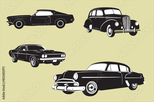 A collection of vintage black silhouette cars on a muted background