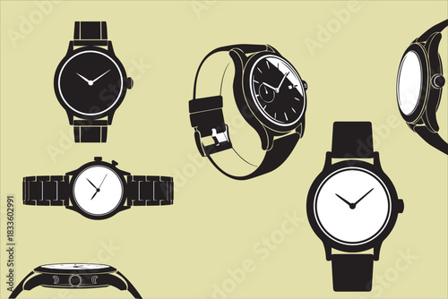 A collection of stylish wristwatches presented against a muted yellow background