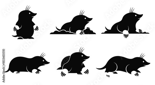 Set of Six Black Silhouette Moles in Various Poses.