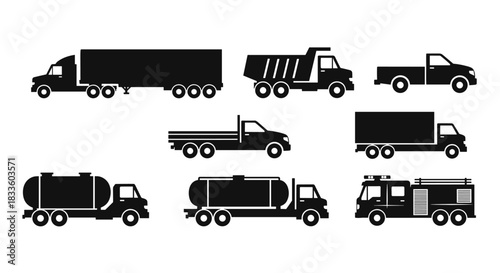 Collection of Various Truck Silhouettes for Transportation and Industry.