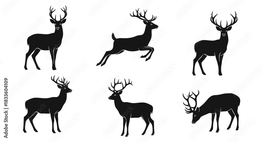 Fototapeta premium Collection of Six Black Deer Silhouettes in Various Poses.