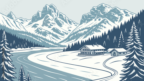 Winter landscape featuring snow covered mountains trees river and a building in a scenic view drawing