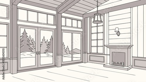 Illustration of a bright living room with a fireplace and a view to a winter landscape outside the windows