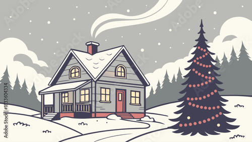 Winter scene of a house with smoke and a christmas tree with lights in a snowy landscape view outdoors