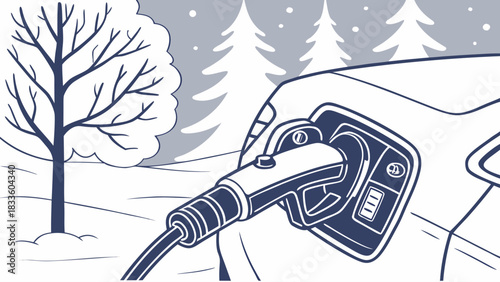 Electric car charging in a snowy landscape with trees and winter atmosphere depicted in black and white