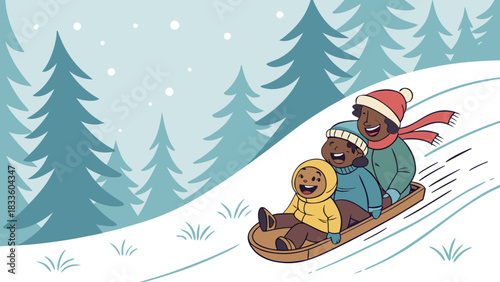 Children sledding down a snowy hill surrounded by evergreen trees on a winter day with falling snow