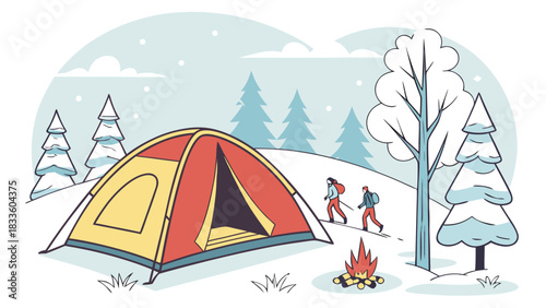 Illustration of a winter camping scene with a tent, hikers, and a campfire in a snowy landscape