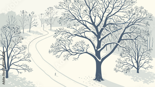 A winter scene with a winding path and snow covered trees in a serene and quiet landscape view