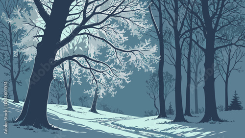 A winter landscape with snow covered trees lining a path in a forest with a cold blue color scheme