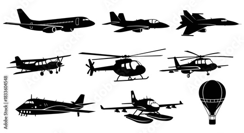 Collection of Diverse Aircraft Silhouettes Including Airplanes Helicopters and Hot Air Balloon.