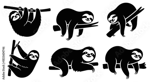 Set of six black silhouette illustrations of sloths in various poses on branches.