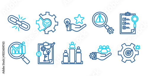 SWOT icon collection set.Strengths, Weaknesses, Opportunities, Threats, Analysis, Strategy, Evaluation, Competitors, Resources, performance. Simple flat vector.dual tone outlinestyle.	
