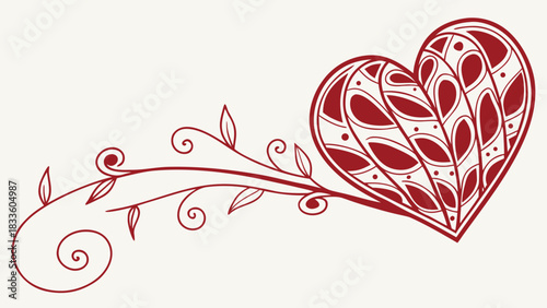 A decorative red heart with intricate patterns and a swirling vine on a white background design art