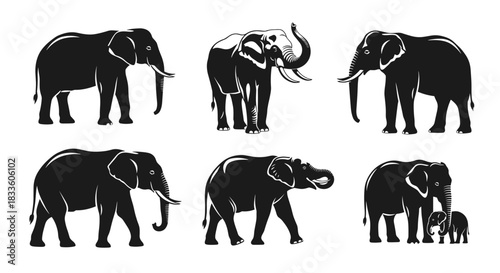 Collection of Stylized Elephant Silhouettes in Various Poses.