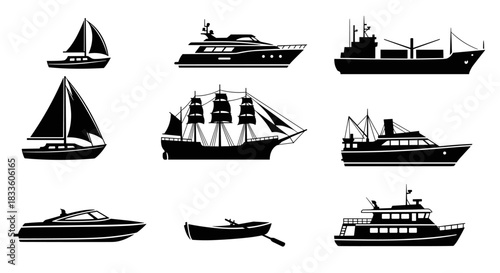 Collection of diverse watercraft silhouettes including sailboats yachts and cargo ships.