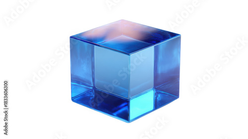 Blue transparent glass cube or block, 3d abstract geometric shape, crystal structure technology concept