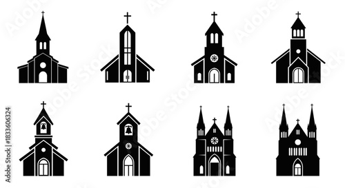 Collection of Diverse Church Building Silhouettes for Religious Architecture.