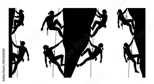 Silhouette of people rock climbing on a cliff face.