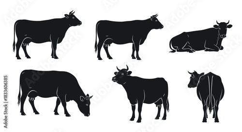 Set of Six Black Cow Silhouettes in Various Poses.