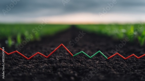 A close-up view of soil with a fluctuating graph line superimposed, symbolizing agricultural trends and economic data in a green field.