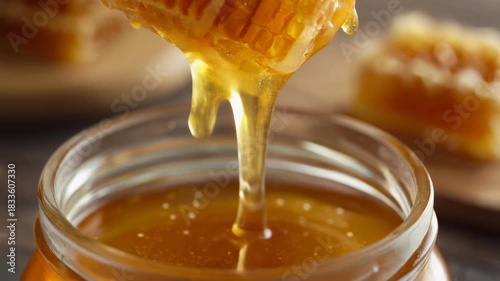 Golden honey dripping from a natural honeycomb into a clear glass jar, showcasing its rich texture and color.