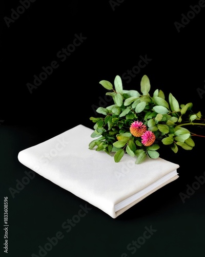 A white book is placed on a black surface, with a bouquet of green leaves and pink flowers resting on top. Studio shot.