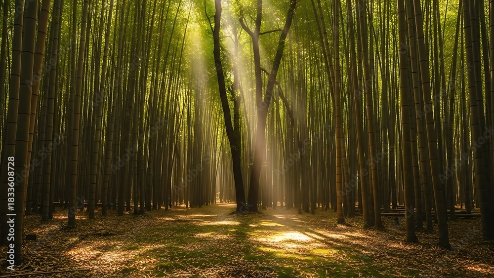 Obraz premium Sunlight Piercing Through Bamboo Forest Canopy, Creating Ethereal Light Rays.