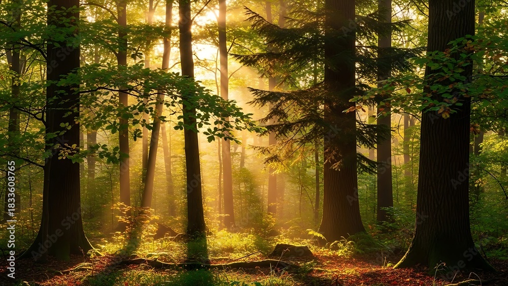 Fototapeta premium Sunlight Streaming Through a Dense Forest Canopy.