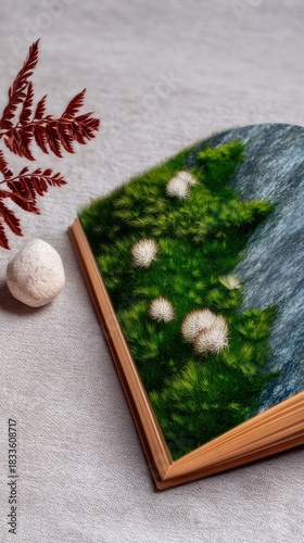Close-up of an open book with a landscape illustration, placed on a textured surface, with a fern and a stone.