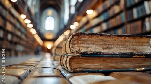Close-up of old books stacked on a table in a library. The background shows rows of bookshelves and a soft, warm light.
