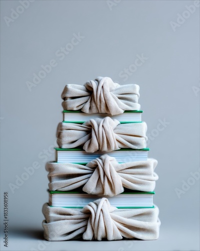 A stack of books wrapped in beige fabric, tied in knots, against a plain gray background.