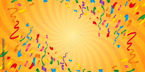 Sunburst background illustration with ribbons and confetti. (orange,16:9)