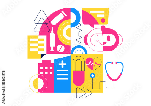 Robotic For Healthcare Illustration Featuring Robots Used In Medicine With AI Integration, Modern Hospital Innovation, and Advanced Health Technology