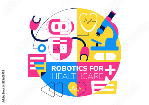 Robotic For Healthcare Illustration Featuring Robots Used In Medicine With AI Integration, Modern Hospital Innovation, and Advanced Health Technology