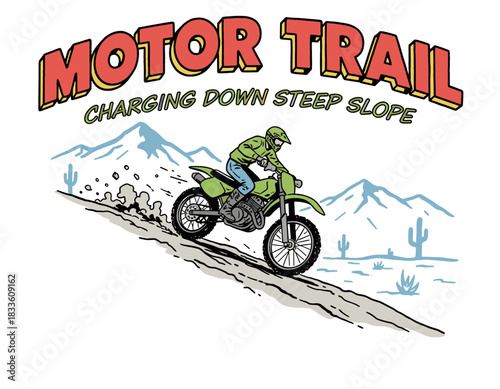 Dirt Bike Steep Slope Design.Motor Trail Retro Artwork.Enduro Rider Downhill Vector.Offroad Extreme Sport Print.Vintage Motocross Apparel Art