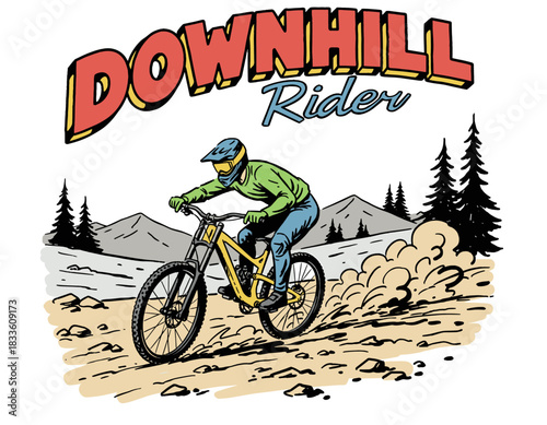 Downhill Rider Retro Art.Extreme Mountain Biking Vector.Vintage Cycling Action Scene.MTB Dirt Trail Illustration.Sportswear Graphic Design
