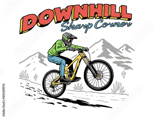 Downhill Mountain Bike Rider.Extreme Cycling Sport Vector.MTB Off Road Trail Illustration.Sharp Corner Jump Graphic.Vintage Bike T Shirt Print