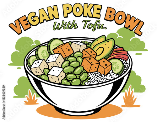Vegan Tofu Poke Bowl Art.Healthy Plant Based Vector.Hawaiian Salad Cartoon.Delicious Cuisine Graphic.Retro Bowl Restaurant Logo