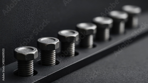 A close-up shot of several aligned bolts. The bolts are metallic and evenly spaced in a row
