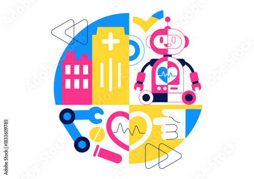 Robotic For Healthcare Illustration Featuring Robots Used In Medicine With AI Integration, Modern Hospital Innovation, and Advanced Health Technology