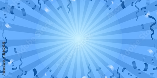 Sunburst background illustration with ribbons and confetti. (light blue, Landscape)