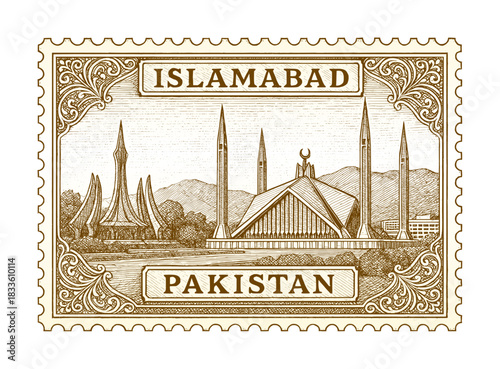 vintage postage stamp depicts islamabad city - pakistan (sketch drawing)