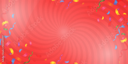 Sunburst background illustration with ribbons and confetti. (red, 16:9)