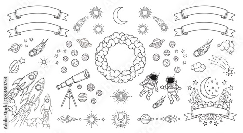 Collection of Space Elements - Astronauts, Planets, Rockets, and More.
